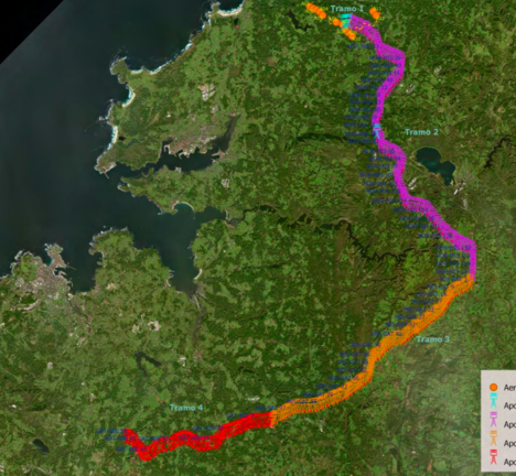 Imaxe do trazado completo da li&ntilde;a de alta tensi&oacute;n do PE Nord&eacute;s at&eacute; a Subestaci&oacute;n en Abegondo