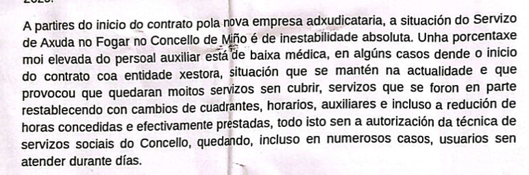 Fragmento da carta enviada polo Concello de Miño ás usuarias do SAF